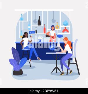 Three girls, friends, students or colleagues sitting in a nice café, restaurant or bar, drinking soda, having a conversation, talking, sharing their t Stock Vector