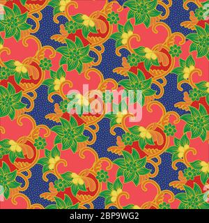 Traditional floral pattern batik drawing with dots and curly lines in colourful. Batik is an Indonesian technique of wax-resist dyeing applied to whol Stock Vector
