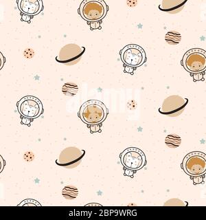 Seamless pattern with cute astronauts and cartoon planet stars comets. Stock Vector
