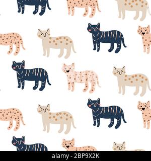 Cute wild cheetah cat seamless pattern abstract characters. Hand drawn cute design vector texture. Stock Vector