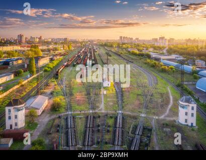 Aerial view of freight trains. Top view of wagons, railroad Stock Photo