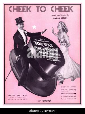 “Cheek to Cheek.” from Film TOP HAT 1930’s Sheet music front cover by Irving Berlin who wrote the music and lyrics for this song featured in the 1935 RKO film ‘Top Hat’ Ginger Rogers, Fred Astaire, and Edward Everett Horton star in this romantic comedy about an American dancer who falls in love with a British model. 1935 Stock Photo