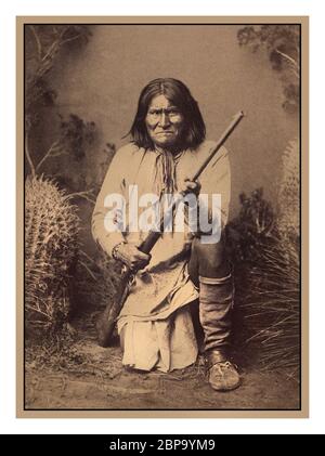 GERONIMO Bedonkohe Apache war leader, Geronimo earned a reputation as a fierce adversary to Mexican and U.S. authorities alike. After his mother, wife, and three children were killed by Mexican soldiers in 1851, he intensified his opposition to those who were trying to subjugate his tribe. Geronimo did not want to be removed to a reservation, and he fought increasingly to protect his traditional way of life in the Southwest. During this period his daring raids and improbable escapes made him a larger-than-life figure in the American imagination. Stock Photo