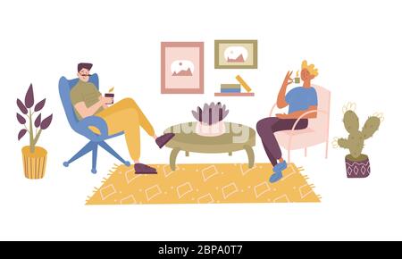 Two friends, students, workers or colleagues sitting in the comfortable chair in office or at home, resting after a work or taking a break, reading an Stock Vector