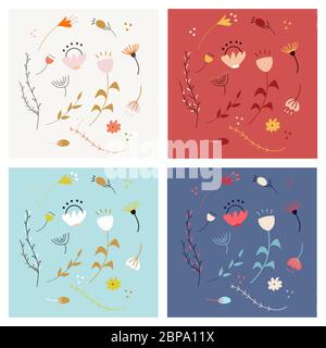 Set of hand drawn abstract doodle decorative vector patterns and elements with colored flowers on white, red, blue, azure background. Completed and is Stock Vector