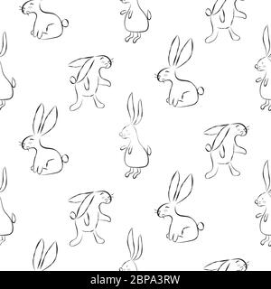 Sketch rabbit seamless pattern vector background. Monochrome bunnies for textile print. Stock Vector