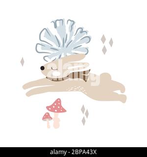 Cute running bunny in the woods vector illustration. Stock Vector