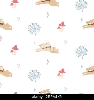 Cute Bunnies in the woods seamless pattern background. Stock Vector