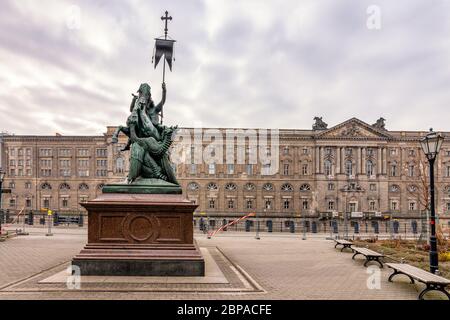 Berlin / Germany - February 12, 2017: Statue of St. George slaying the Dragon in historic Nikolaiviertel district in Mitte, Berlin, Germany Stock Photo