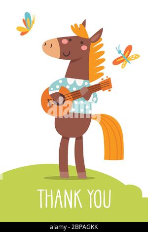 Funny cartoon hand drawn poster with horse playing music. Stock Vector
