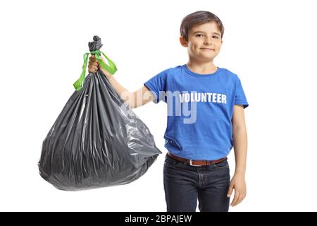 Boy volunteer holding a waste bag isolated on white background Stock Photo