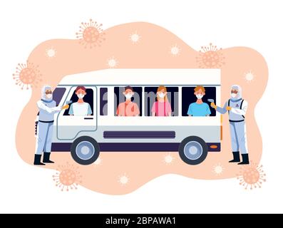 doctors checking temperature for covid19 in bus Stock Vector