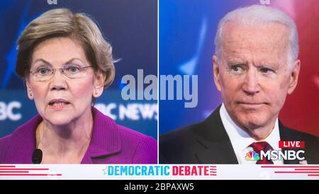 Los Angeles, California, USA. 18th May, 2020. Among the women currently being vetted for Joe Biden's running mate in the 2020 presidential election are three women senators, KAMALA HARRIS, (CA), AMY KLOBUCHAR (MN) and ELIZABETH WARREN (MA). All three ran for the nomination and took part in a slew of Democratic debates before dropping out and endorsing Mr. Biden. PICTURED: February 19, 2020 - Las Vegas, Nevada, U.S. - A split screen video grab of ELIZABETH WARREN and JOE BIDEN during a debate at the Paris Hotel and Casino. Credit: Brian Cahn/ZUMA Wire/Alamy Live News Stock Photo