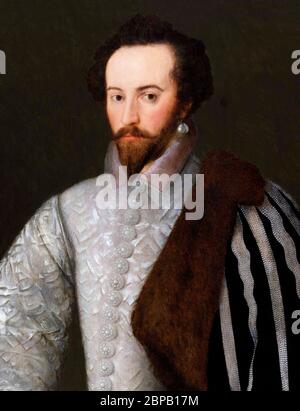 Walter Raleigh. Portrait of Sir Walter Raleigh, c.1588 by an unknown artist. Stock Photo