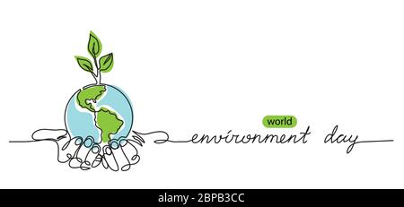 World environment day minimalist vector background with earth in hands and plant. One continuous line drawing. Poster, banner, background with Stock Vector