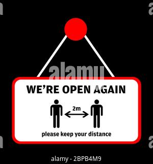 We are Open again after vector illustration welcoming customers after coronavirus pandemic lockdown. Back in business Stock Vector