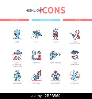 Space aliens - line design style icons set Stock Vector