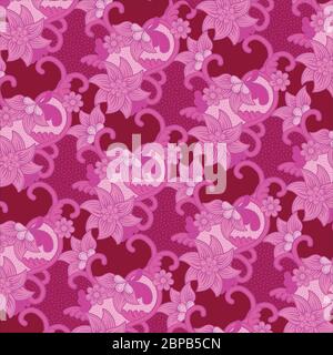 Traditional floral pattern batik drawing with dots and curly lines in pink tones. Batik is an Indonesian technique of wax-resist dyeing. Stock Vector