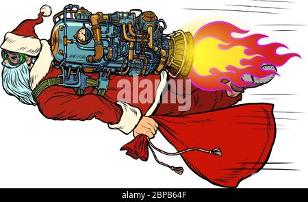 Santa Claus is flying on a rocket backpack. Christmas and New year Stock Vector