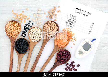 Low glycemic food list for diabetics with blood sugar testing monitor and legumes. Below 55 on the GI index. Stock Photo