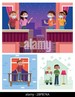 people using face mask on house balcony for quarentine Stock Vector