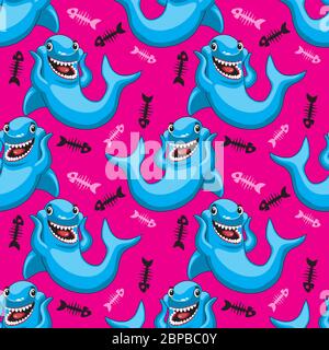 Seamless pattern of cartoon shark character on pink background. Vector image Stock Vector