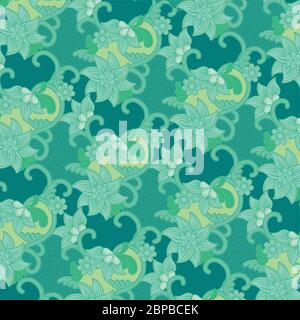 Traditional floral pattern batik drawing with dots and curly lines in turquoise and green tone. Batik is an Indonesian technique of wax-resist dyeing . Stock Vector