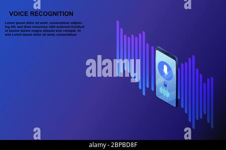 Personal assistant and voice recognition concept of intelligent technology sound symbols vector illustration. Isometric smart phone with bright lines Stock Vector