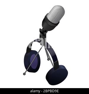 Headphones with a microphone on a tripod. set of microphone and headphones. Vector isometric illustration Stock Vector