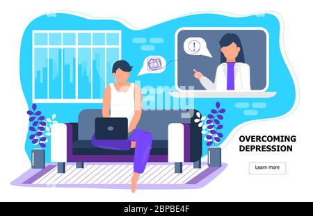 Online psychologist concept vector. Young depressive human receives professional psychology consultation. Depression, sadness, mental health Stock Vector