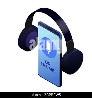 Podcast concept illustration. Smart phone for audio recording. Music, webinar or online training isometric vector illustration Stock Vector