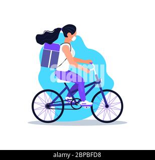 Safe, contactless delivery service door to door. Food delivery and online order concept vector for app. Girl is riding bicycle with restaurant meal Stock Vector