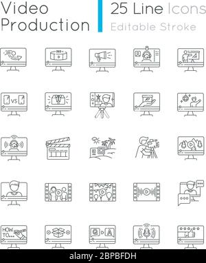 Video production pixel perfect linear icons set Stock Vector