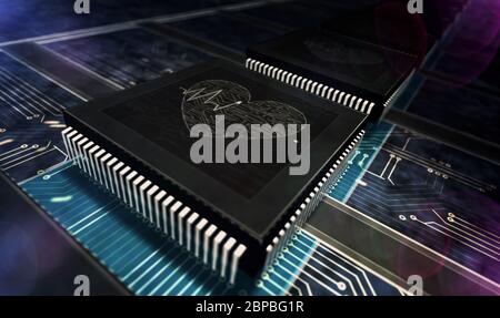 Cyber life and beating heart. Love, digital dating, robotics, health technology concept production line abstract 3d rendering illustration. Processor