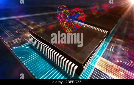 Cyber life and beating heart. Love, digital dating, robotics, health technology concept production line abstract 3d rendering illustration. Processor