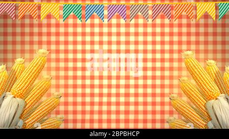 Festa Junina background, Brazilian Saint John party. Decoration with corn cobs and colored flags. Stock Photo