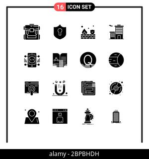 Solid Glyph Pack of 16 Universal Symbols of online, coding, fire, corporation, building Editable Vector Design Elements Stock Vector