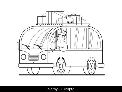 Minivan travel a man drives a car. Happy cartoon man in a retro minivan. Roof rack, luggage, suitcases. Road trip, summer vacation, contour vector ill Stock Vector