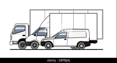 Delivery of goods and parcels by different trucks, lorry. Vector set. Trucks in the parking lot side view. White blank truck template for advertising. Stock Vector