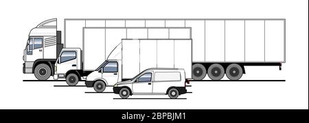 Delivery of goods and parcels by different trucks, cargo van, lorry. Vector set. Trucks in the parking lot side view. White blank truck template for a Stock Vector