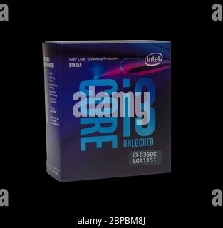 Maykop, Russia - November 12, 2018: intel core I3 desktop processor 8th gen in box isolated on black background Stock Photo