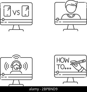 Online video watching pixel perfect linear icons set Stock Vector