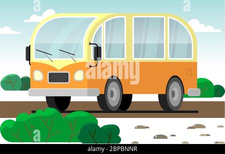 stylized retro minivan rides on the road; yellow-orange minivan. Stock Vector