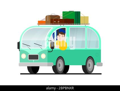 Minivan travel a man drives a car. Happy cartoon man in a retro minivan. Road trip, summer vacation, vector illustration. Roof rack, luggage, suitcase Stock Vector