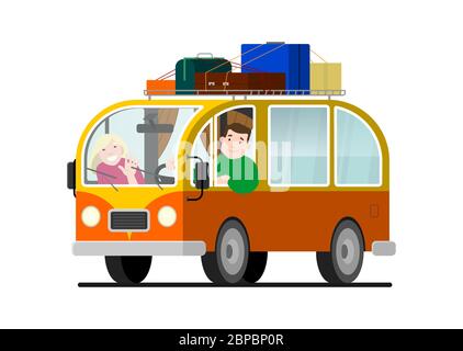 Family travel on a minivan; a man drives a car, a woman waves her hand. Happy cartoon people in a retro minivan. Road trip, summer vacation, vector il Stock Vector