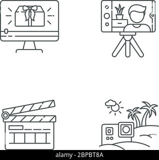 Filmmaking and Internet blogging pixel perfect linear icons set Stock Vector