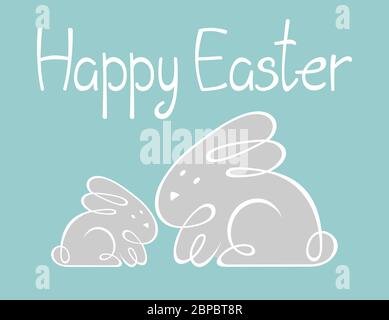 vector image of a bunny and a hare drawn by one line; two cute gray rabbits; hand drawn. Happy easter, greeting card, easter symbol. Stock Vector