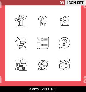 Pack of 9 creative Outlines of wind, climate, man, blowing, heart Editable Vector Design Elements Stock Vector