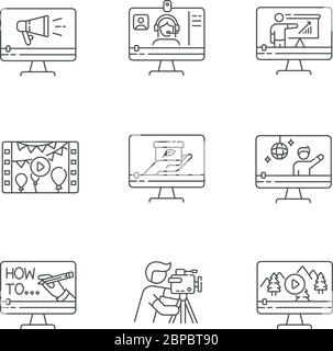 Videography pixel perfect linear icons set Stock Vector