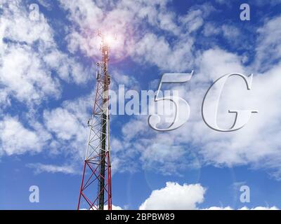 Text 5G (5G technology) with GSM (Global System for Mobile communication) base station and repeater tower in front of blue cloudy sky Stock Photo